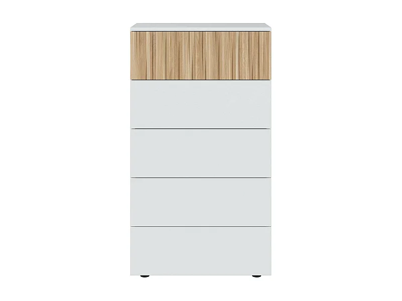 Commode Dorig, commode à 5 tiroirs, commode pour la chambre, commode moderne, 61x40h109 cm, blanc et chêne