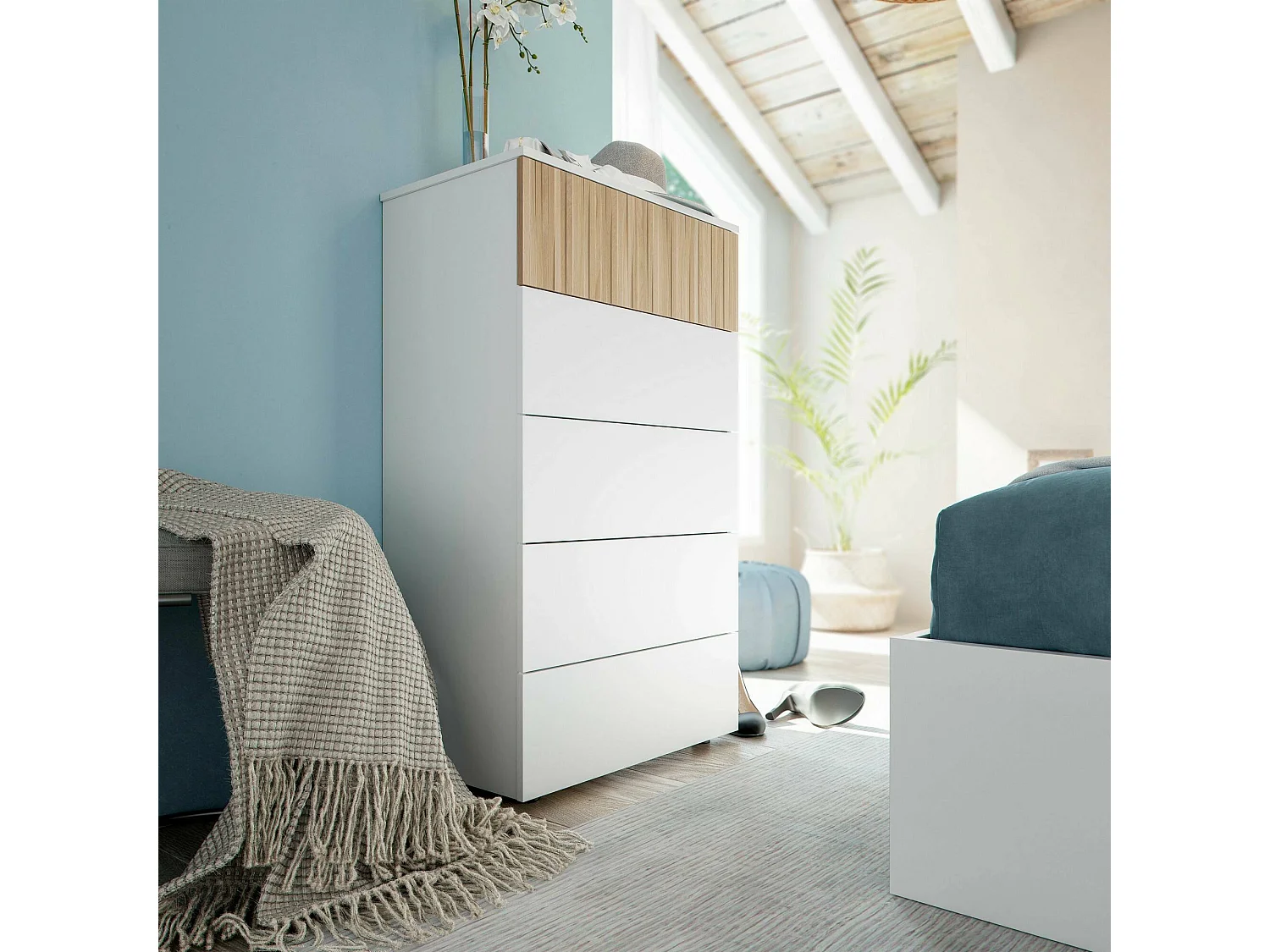 Commode Dorig, commode à 5 tiroirs, commode pour la chambre, commode moderne, 61x40h109 cm, blanc et chêne