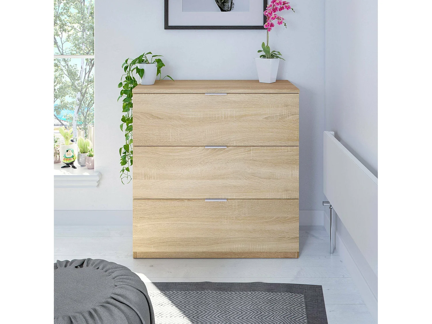 Commode Dobinn, Commode de chambre à coucher, Commode avec 3 tiroirs, 77x38h80 cm, Chêne