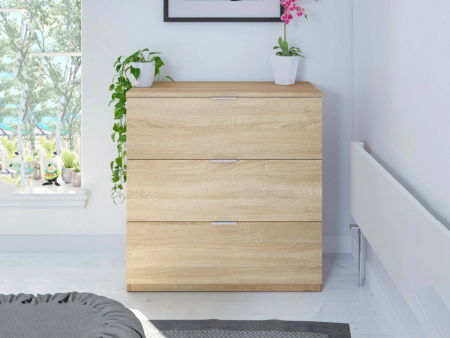 Commode Dobinn, Commode de chambre à coucher, Commode avec 3 tiroirs, 77x38h80 cm, Chêne