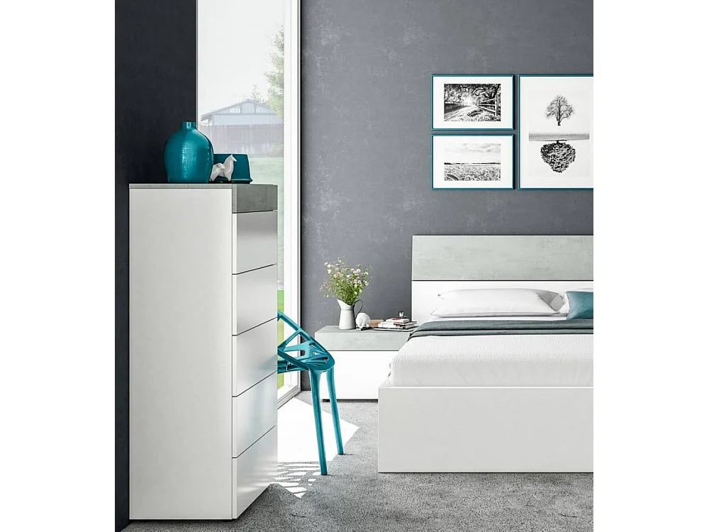 Cajonera Dferri, Semanal con 5 cajones, Tocador para dormitorio, Cómoda moderna, 61x40h118 cm, Blanco