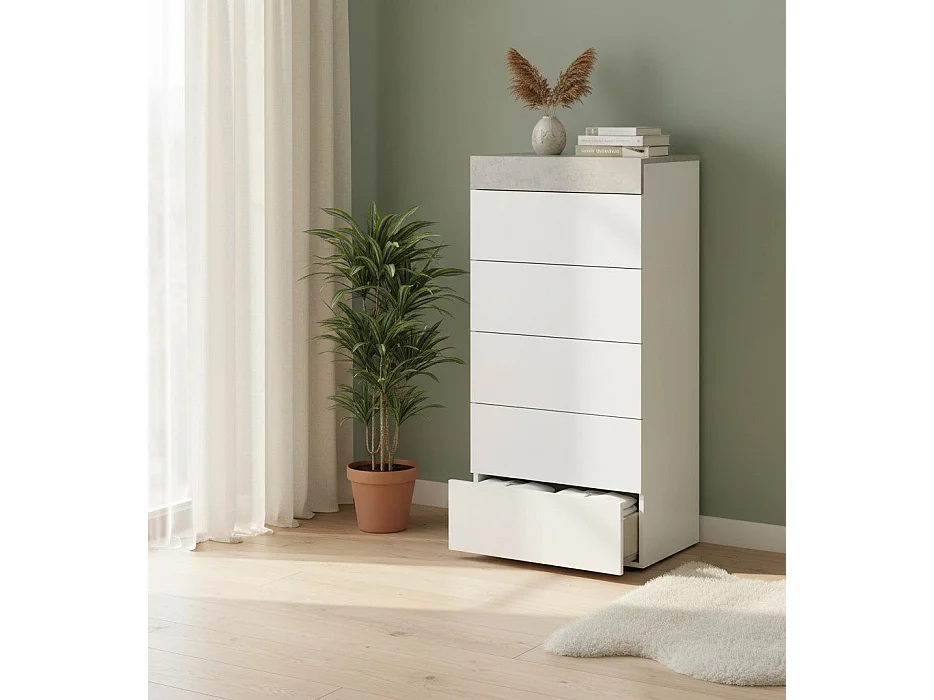 Commode Dferri, commode 5 tiroirs, commode pour la chambre, commode moderne, 61x40h118 cm, blanc