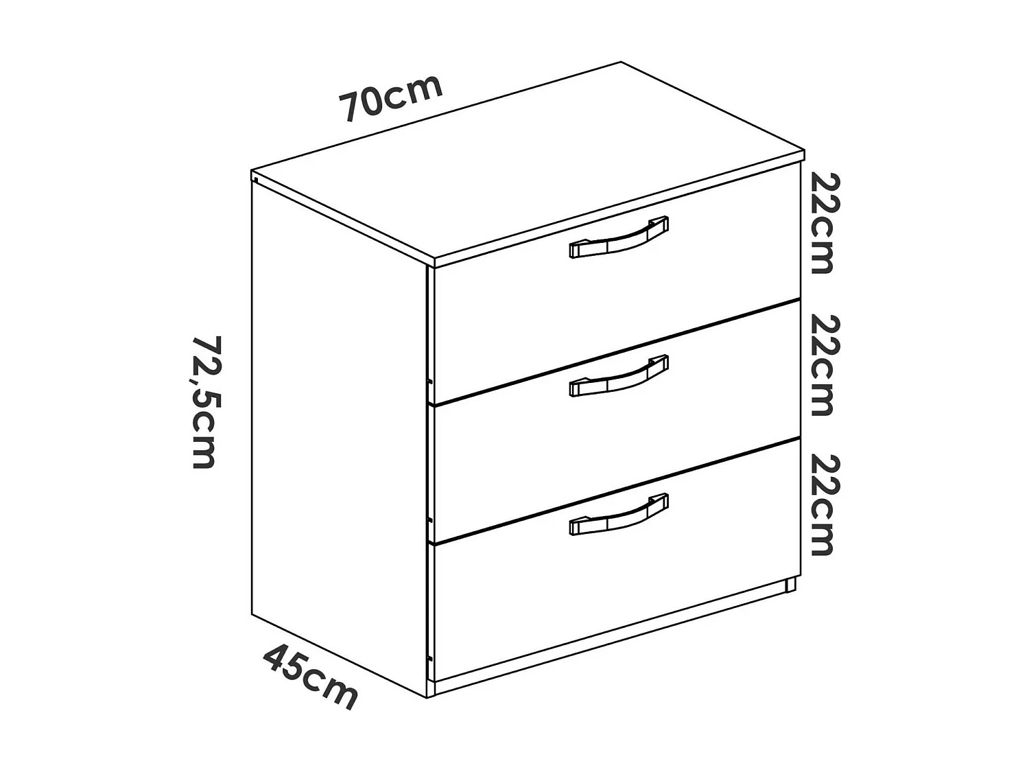 Commode Dlovato, Commode de chevet, Commode avec 3 tiroirs, 70x45h72 cm, Chêne