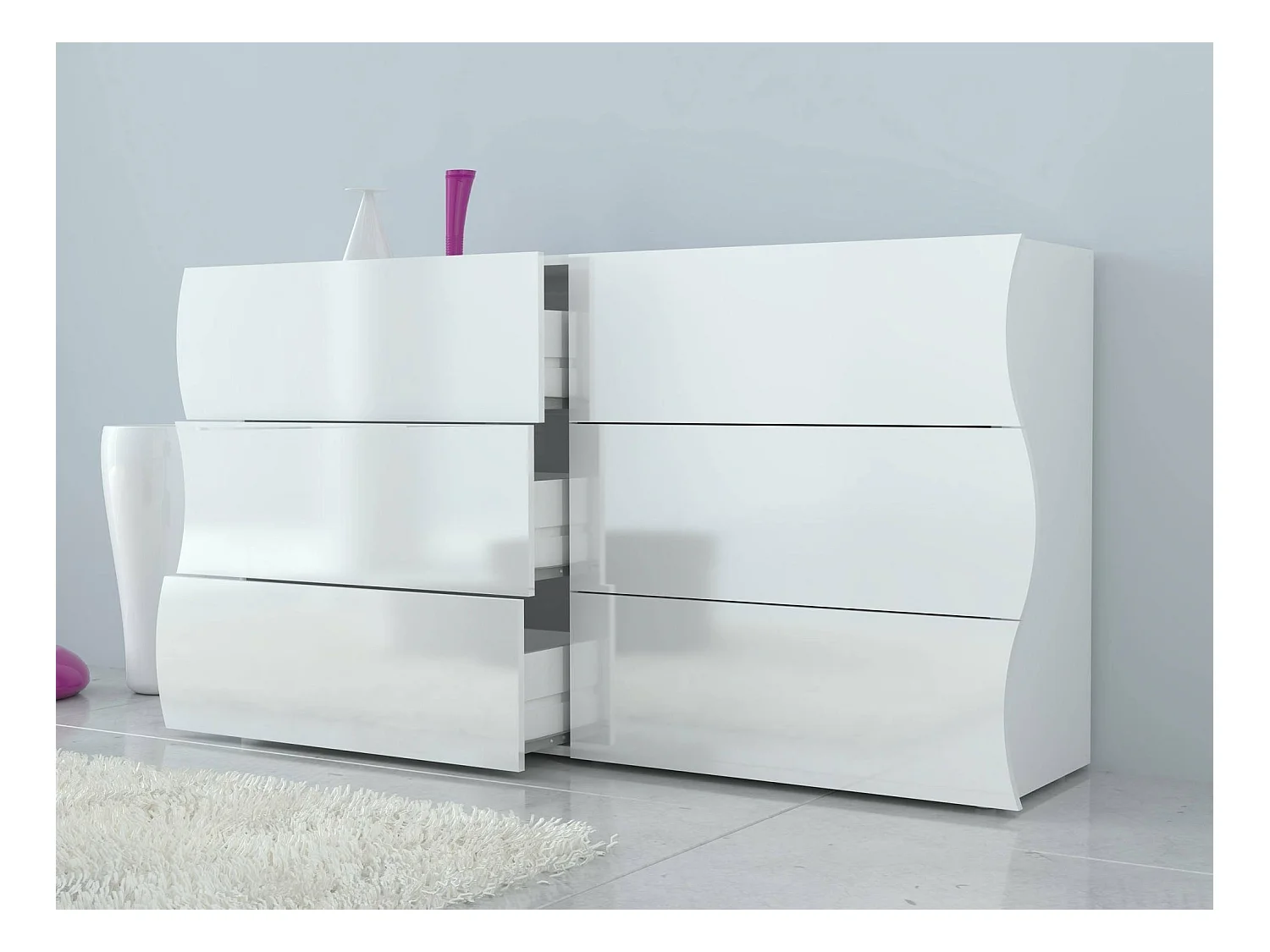 Commode Dmonz, Commode 6 tiroirs, Commode de chambre, 100% Made in Italy, Blanc brillant, 155x40h82 cm