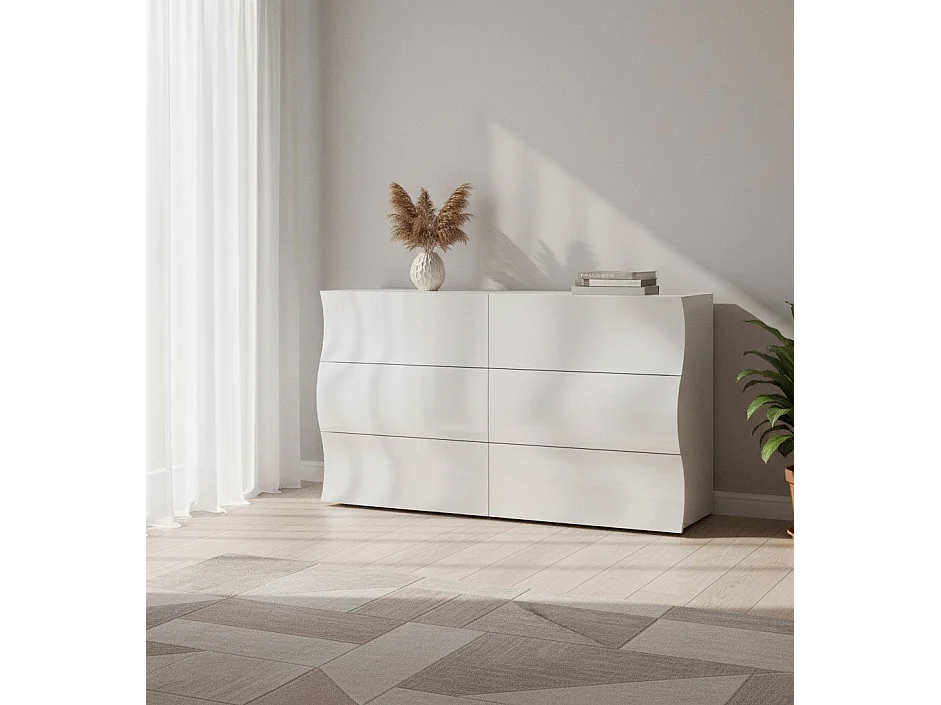 Dmonz ladekast, ladekast met 6 laden, slaapkamerdressoir, 100% Made in Italy, glanzend wit, 155x40h82 cm