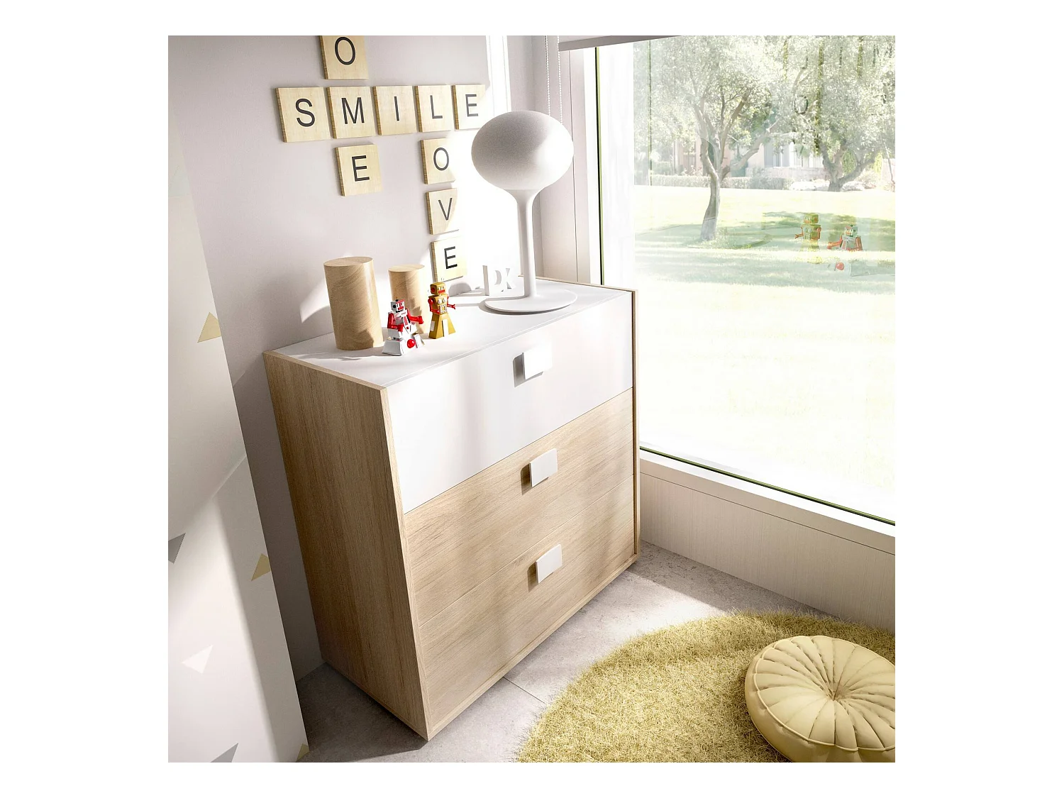 Commode Dmbay, Commode pour la chambre, Commode avec 3 tiroirs, 80x43h81 cm, Chêne et Blanc