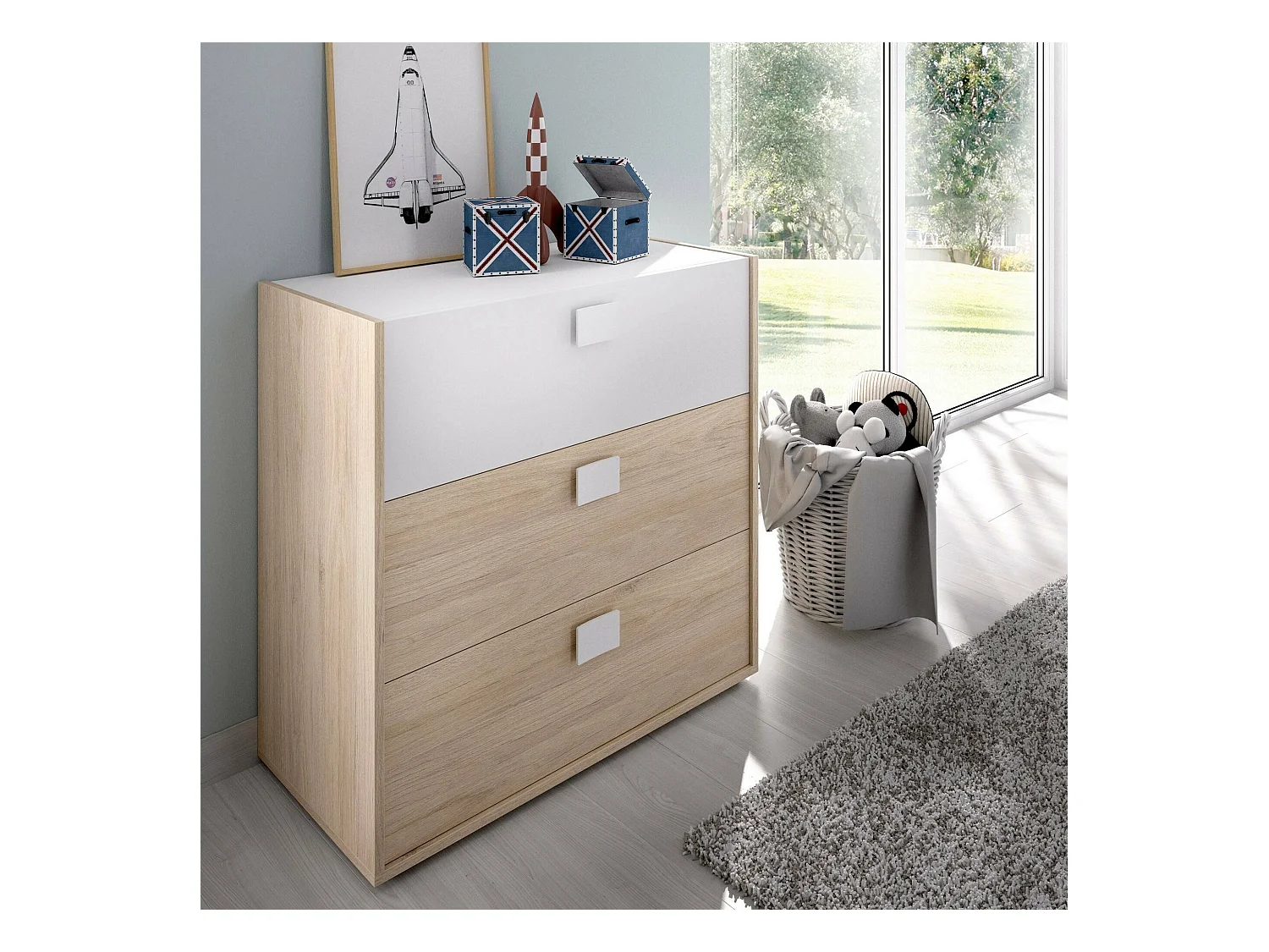 Commode Dmbay, Commode pour la chambre, Commode avec 3 tiroirs, 80x43h81 cm, Chêne et Blanc