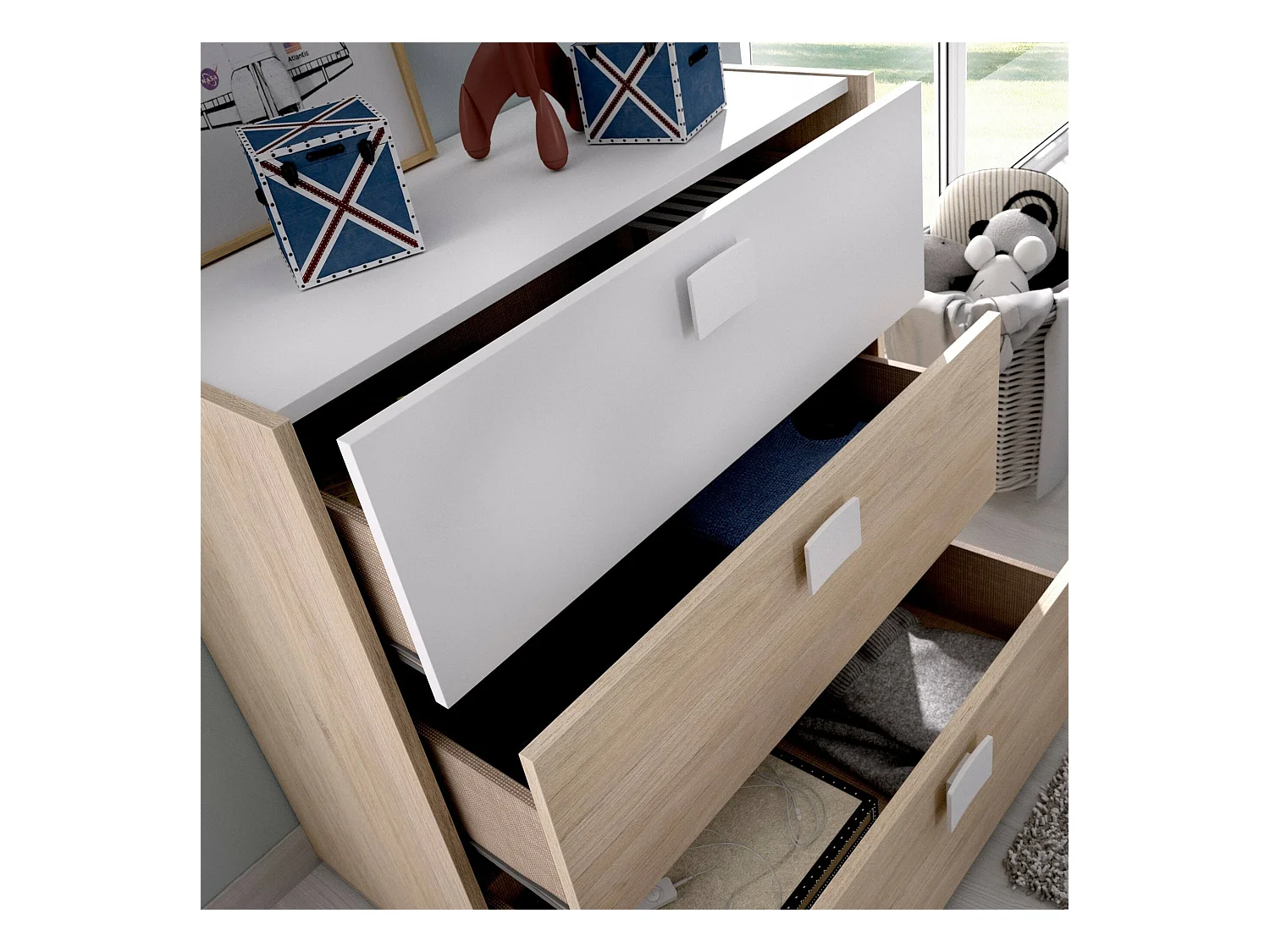 Commode Dmbay, Commode pour la chambre, Commode avec 3 tiroirs, 80x43h81 cm, Chêne et Blanc
