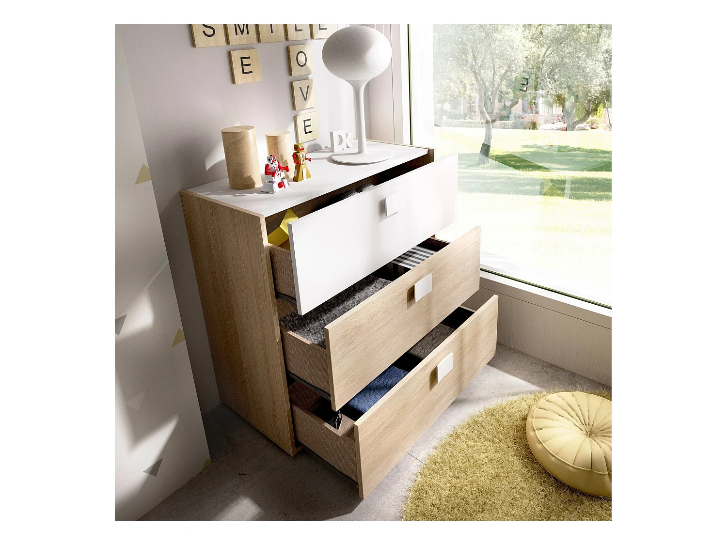 Commode Dmbay, Commode pour la chambre, Commode avec 3 tiroirs, 80x43h81 cm, Chêne et Blanc