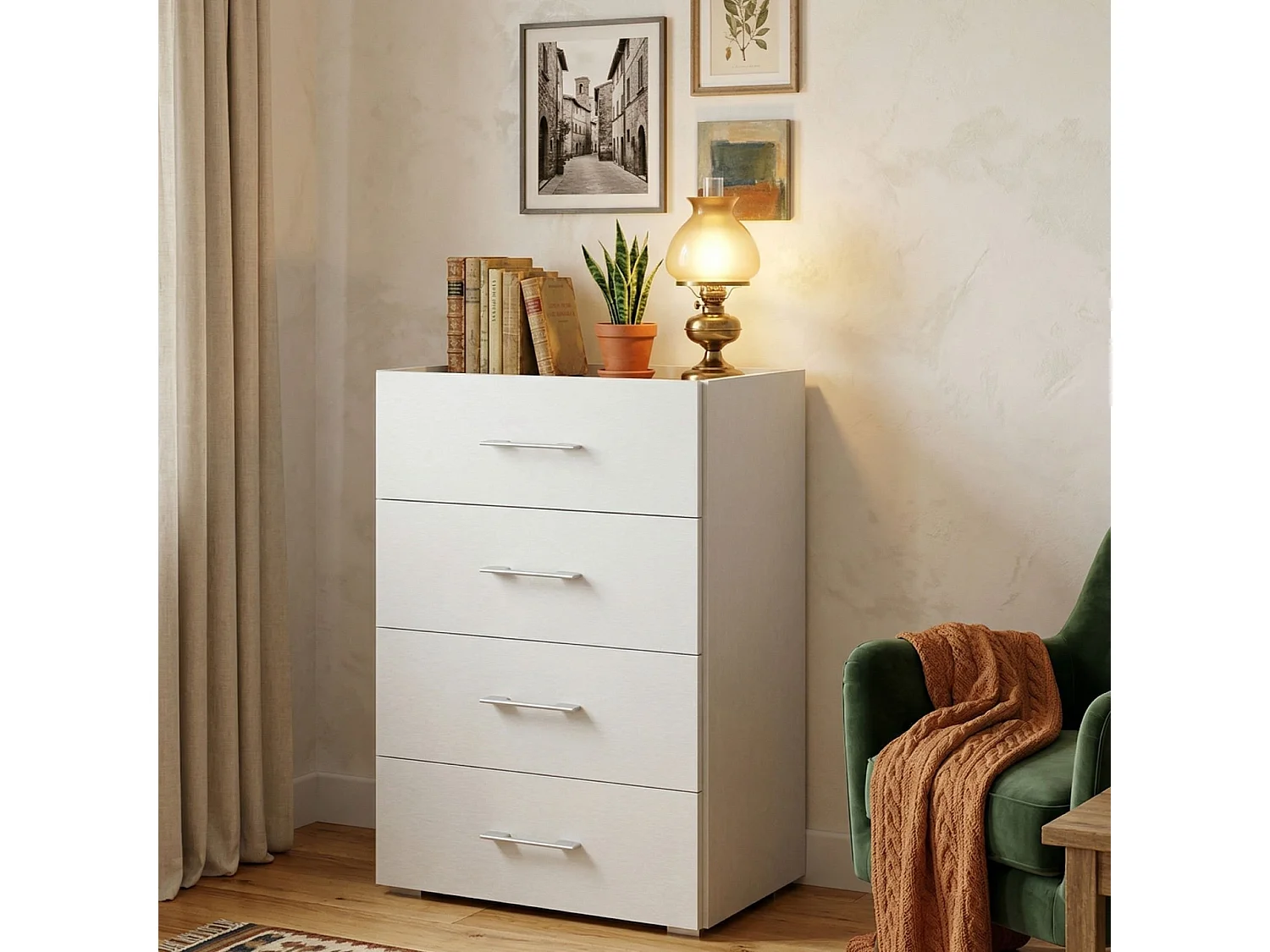 Commode Dacet, Commode 4 tiroirs pour la chambre, Bureau polyvalent ou meuble d'étude, 50x41h87 cm, Blanc et Ciment