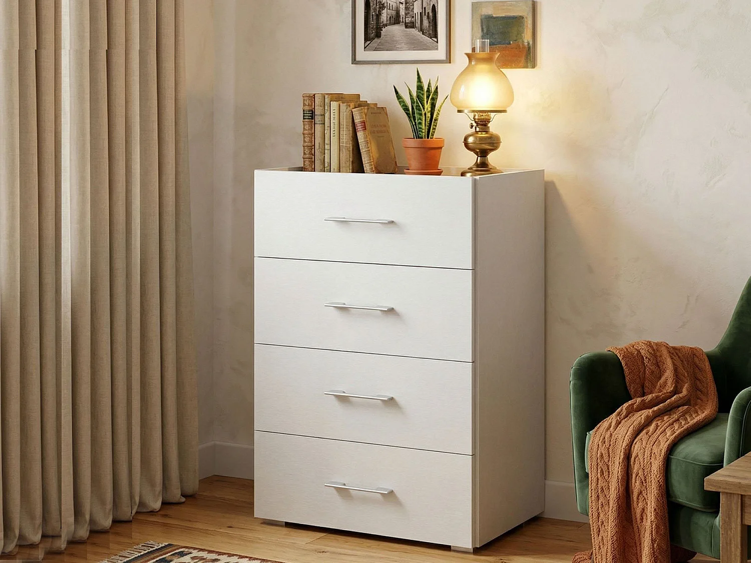 Dacet ladekast, ladekast met 4 laden voor de slaapkamer, multifunctionele kantoor- of studeerkast, 50x41h87 cm, wit en cement