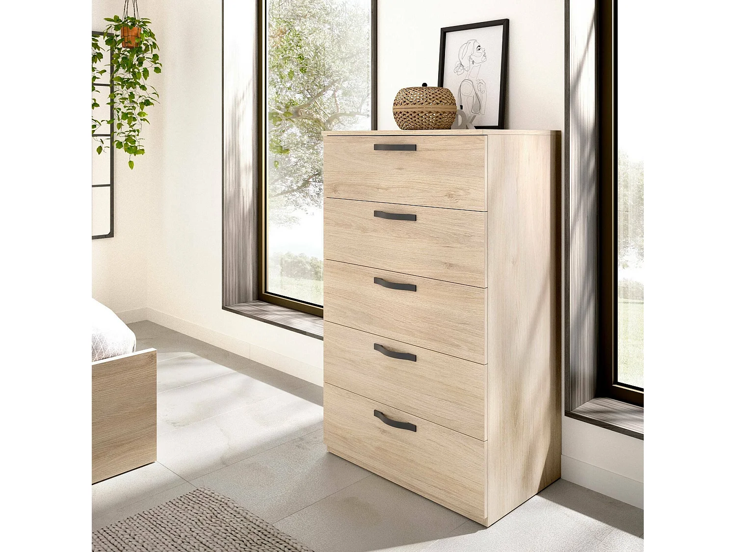 Commode Dgalli, Commode pour la chambre, Commode avec 5 tiroirs, 70x45h117 cm, Chêne