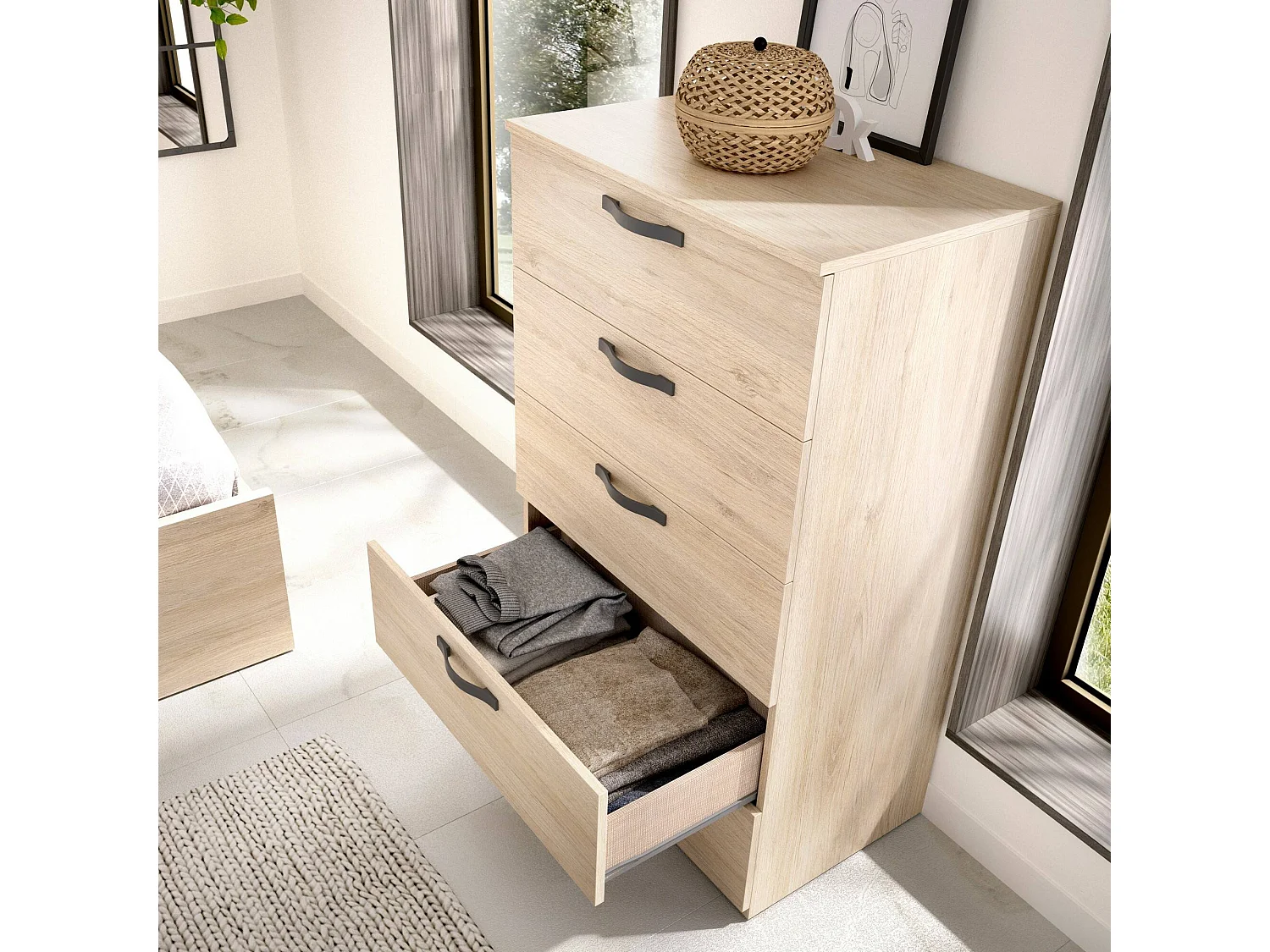 Commode Dgalli, Commode pour la chambre, Commode avec 5 tiroirs, 70x45h117 cm, Chêne