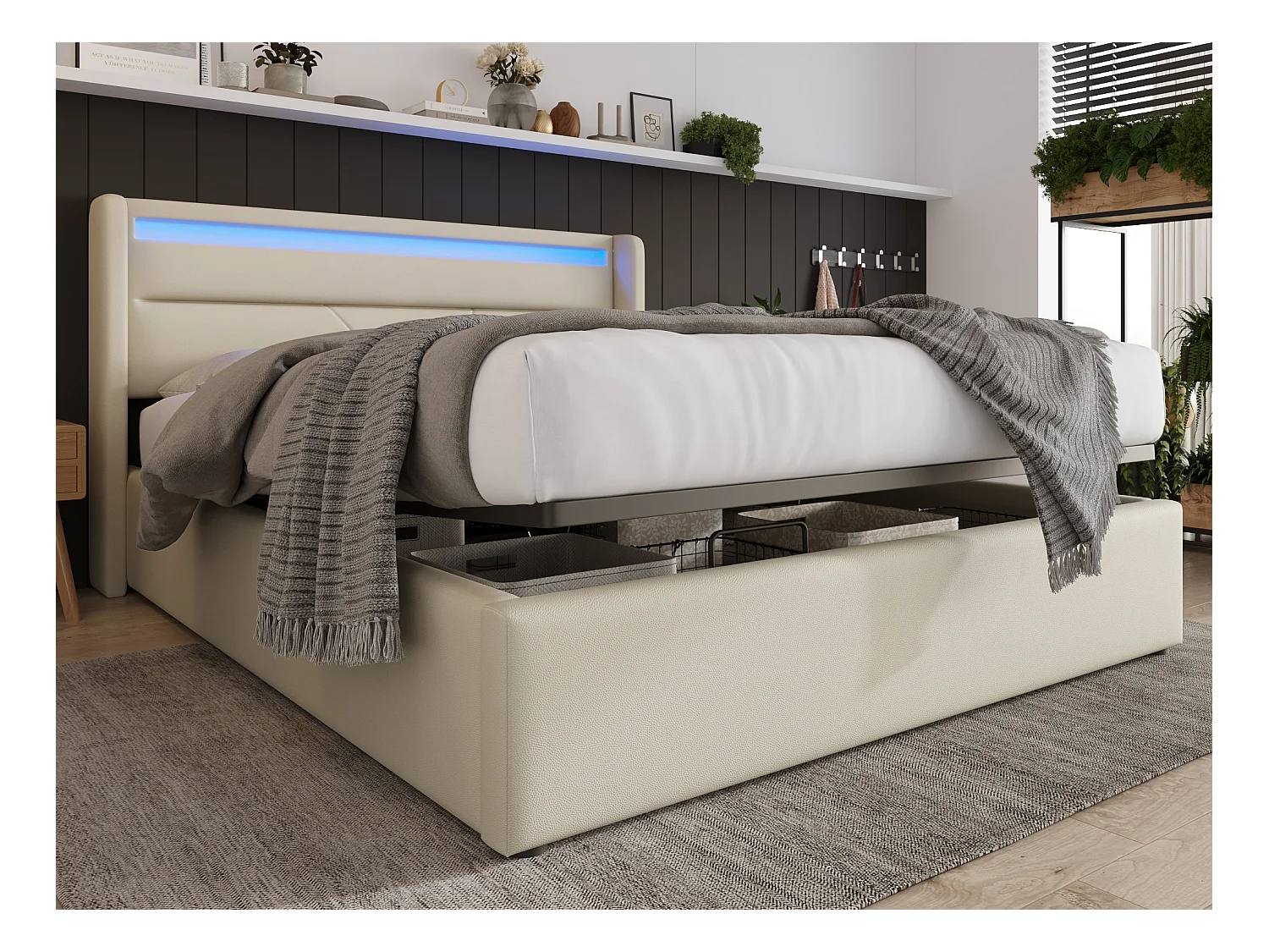 Lit coffre avec tête de lit - 140 x 200 cm - cuir pu - LEDs - blanc