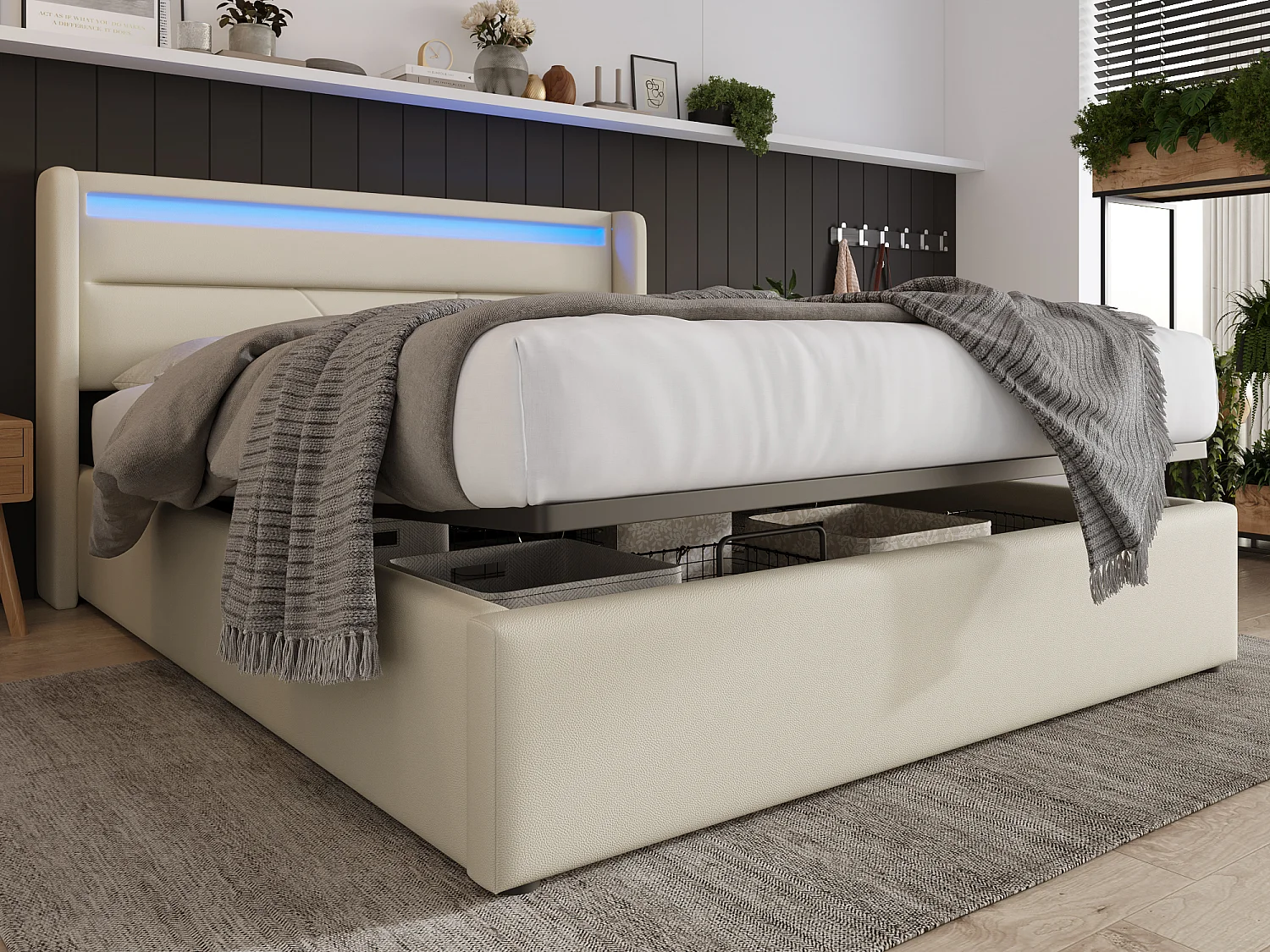 Opbergbed met hoofdeinde - 140 x 200 cm - pu leer - LED's - wit