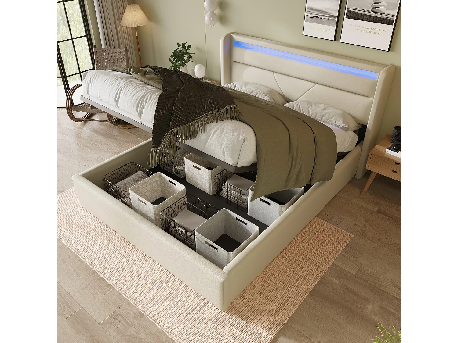 Opbergbed met hoofdeinde - 140 x 200 cm - pu leer - LED's - wit