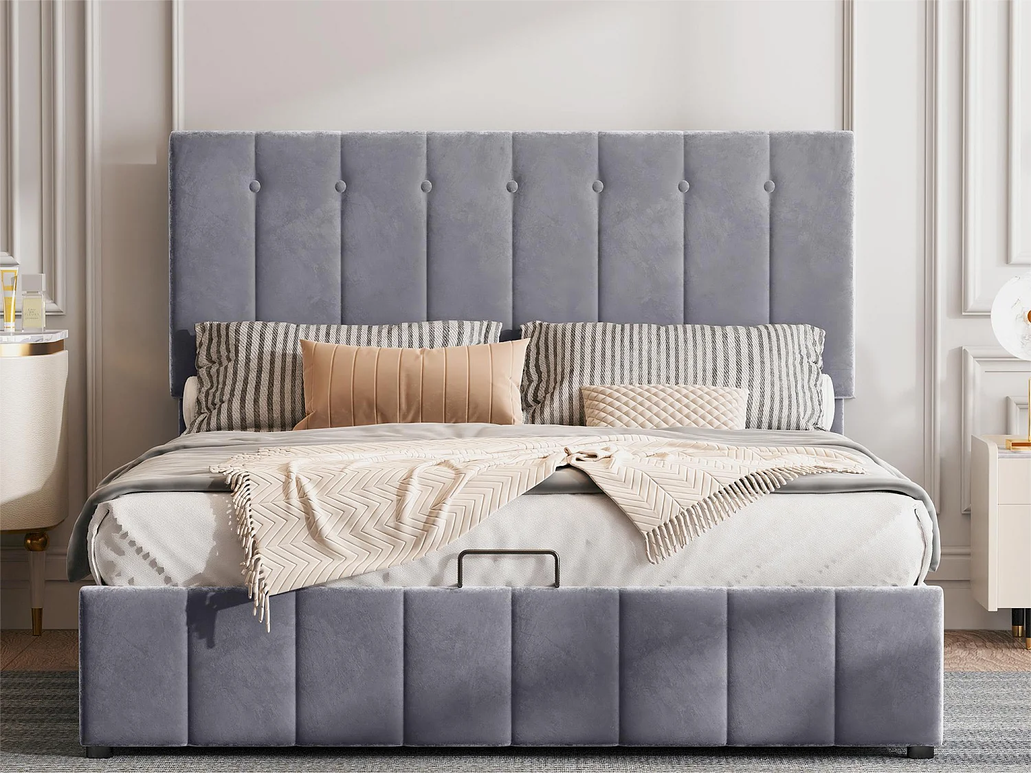 Letto contenitore con testiera regolabile - 140 x 200 cm - velluto - rete a doghe - stile scandinavo - grigio