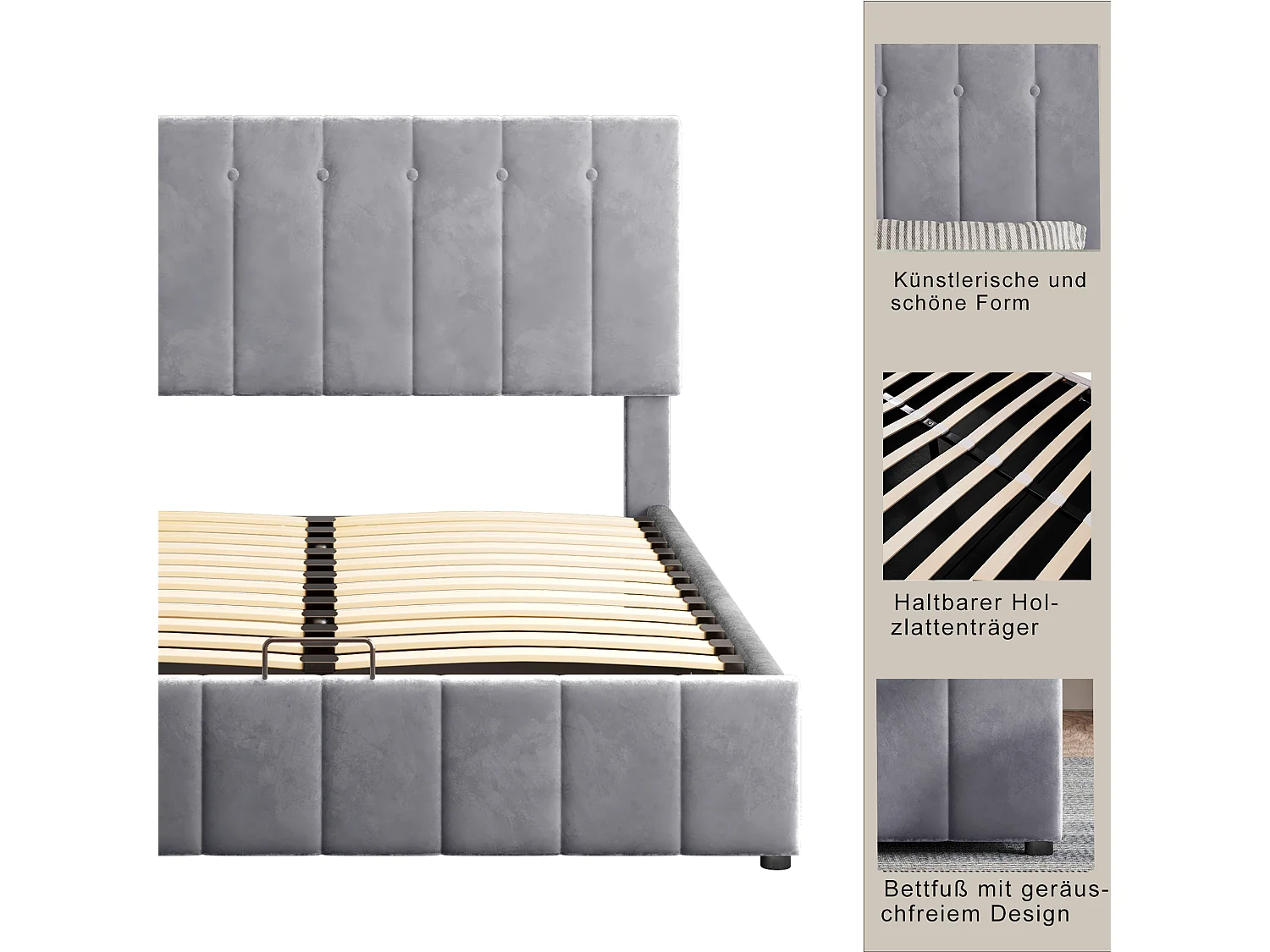 Letto contenitore con testiera regolabile - 140 x 200 cm - velluto - rete a doghe - stile scandinavo - grigio