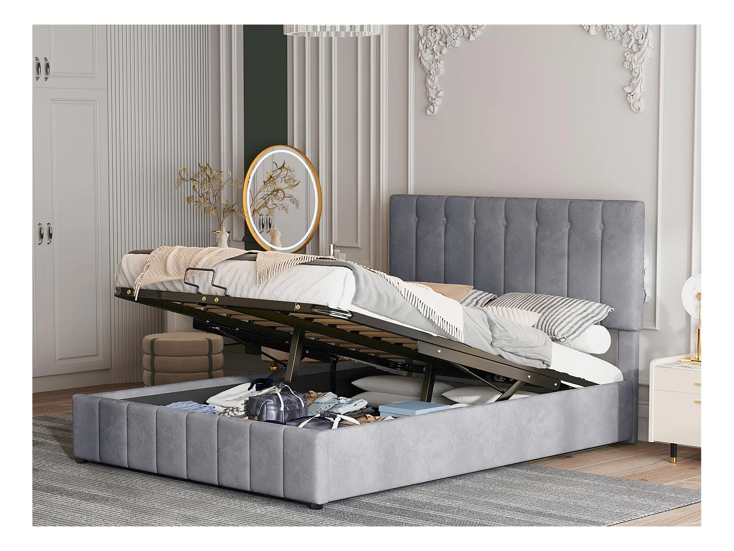 Lit coffre avec tête de lit réglable - 140 x 200 cm - velours - sommier à lattes - style scandinave - gris