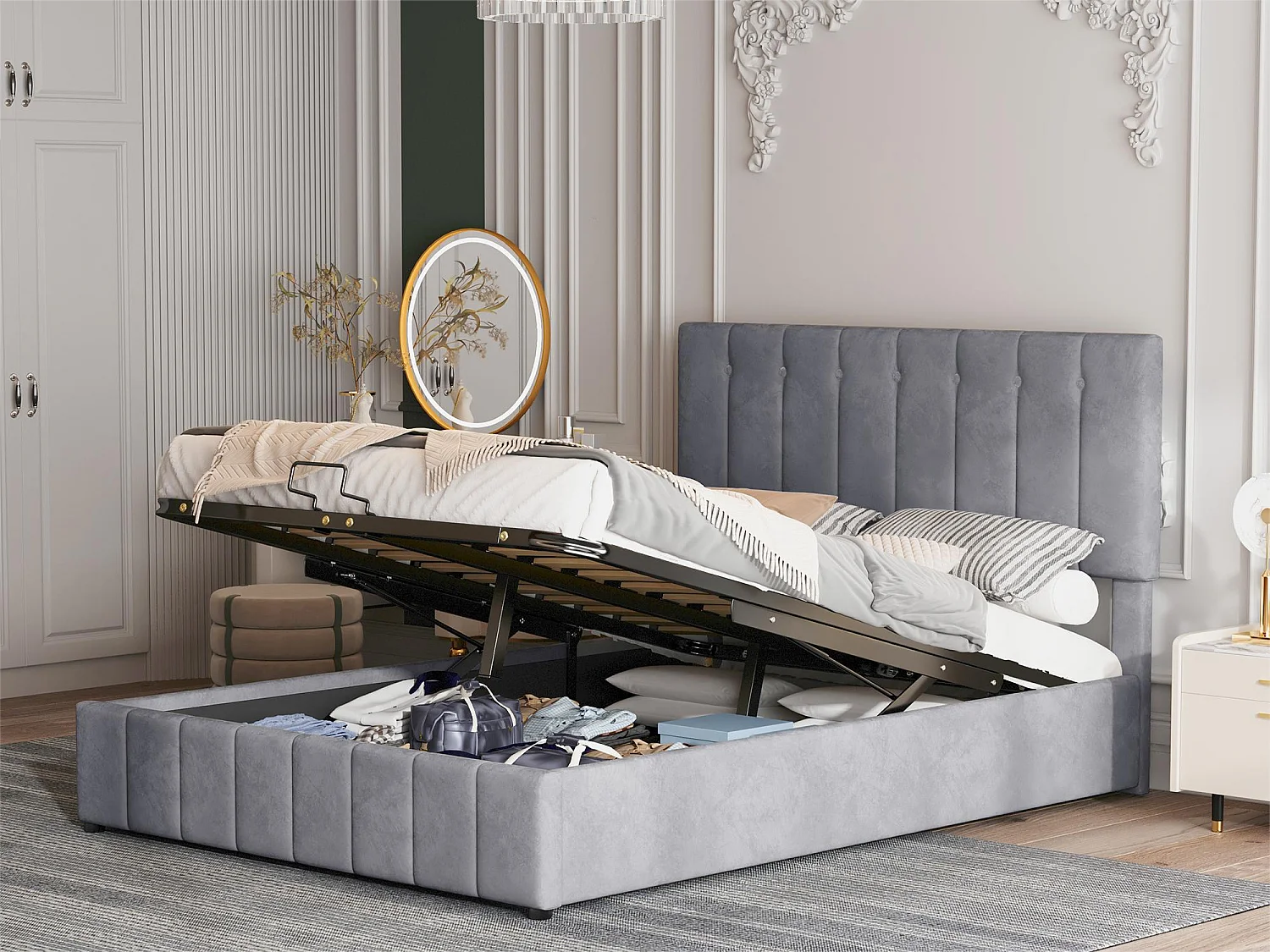 Letto contenitore con testiera regolabile - 140 x 200 cm - velluto - rete a doghe - stile scandinavo - grigio