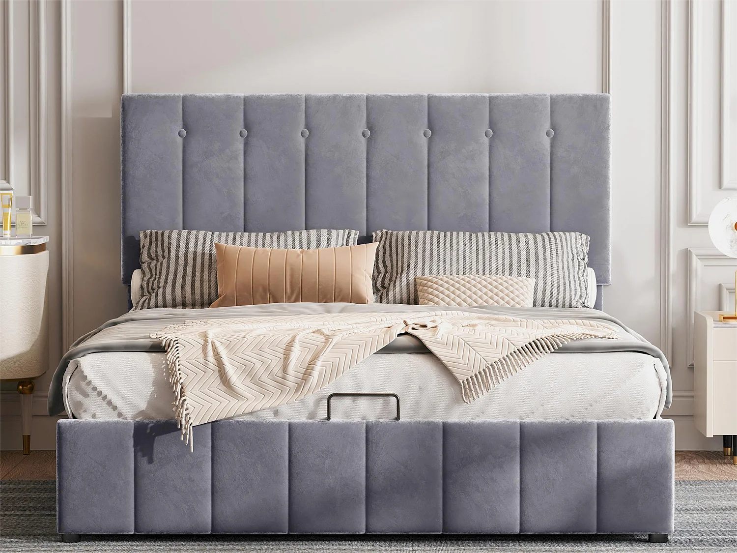 Lit coffre avec tête de lit réglable - 140 x 200 cm - velours - sommier à lattes - style scandinave - gris