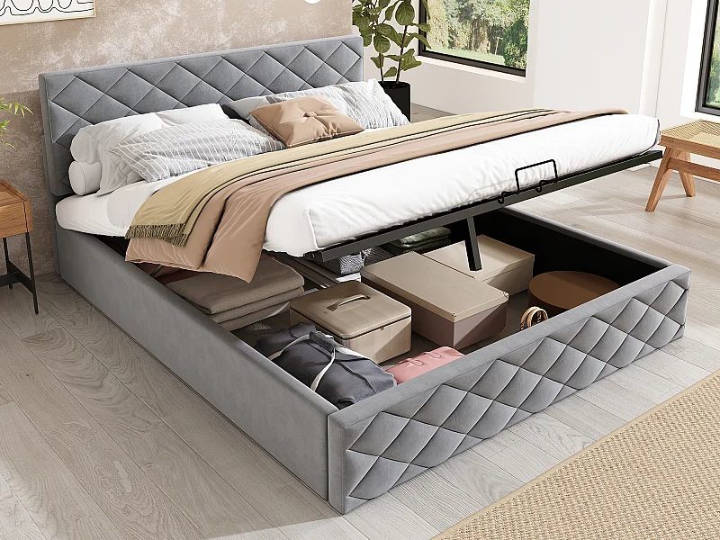 Lit coffre avec tête de lit réglable - 140 x 200 cm - velours - sommier à lattes - style scandinave - gris