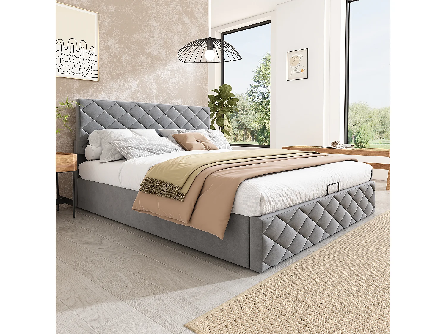 Lit coffre avec tête de lit réglable - 140 x 200 cm - velours - sommier à lattes - style scandinave - gris