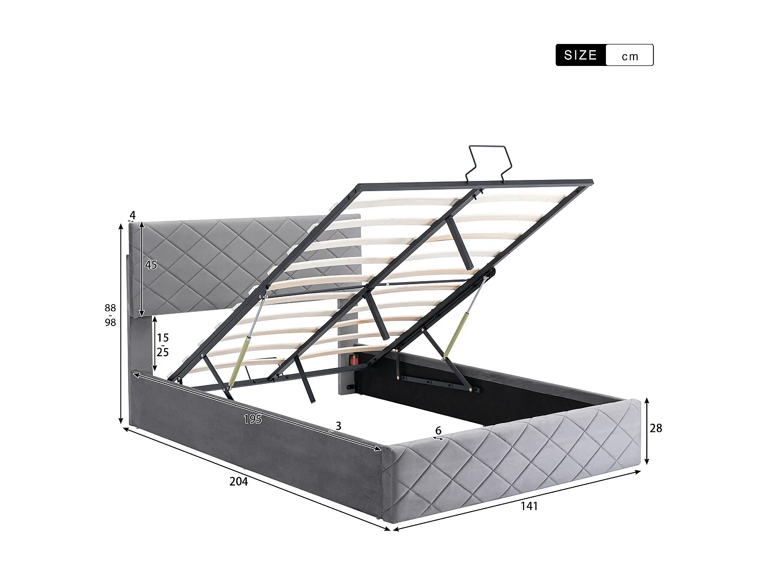 Lit coffre avec tête de lit réglable - 140 x 200 cm - velours - sommier à lattes - style scandinave - gris