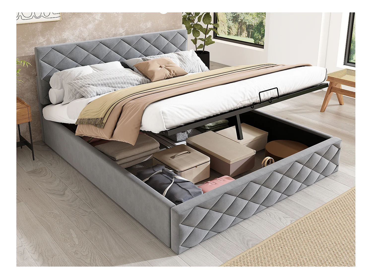 Lit coffre avec tête de lit réglable - 140 x 200 cm - velours - sommier à lattes - style scandinave - gris