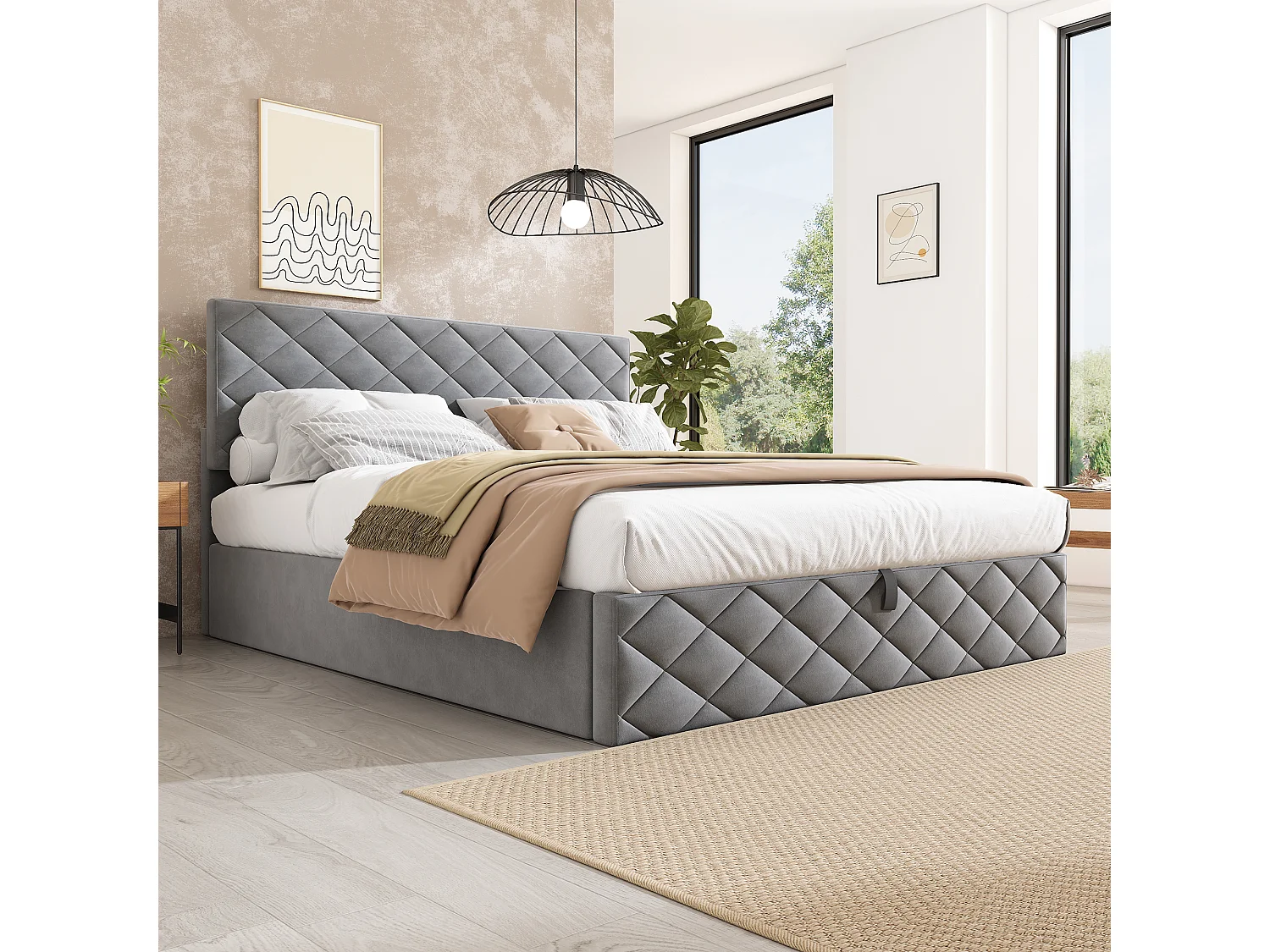 Lit coffre avec tête de lit réglable - 140 x 200 cm - velours - sommier à lattes - style scandinave - gris