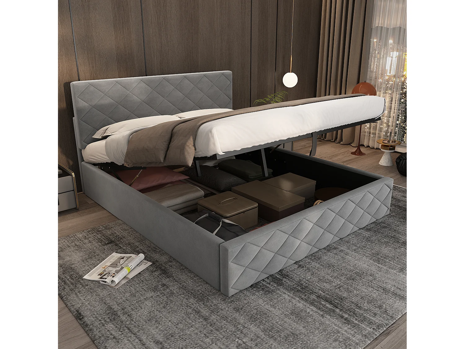 Lit coffre avec tête de lit réglable - 140 x 200 cm - velours - sommier à lattes - style scandinave - gris