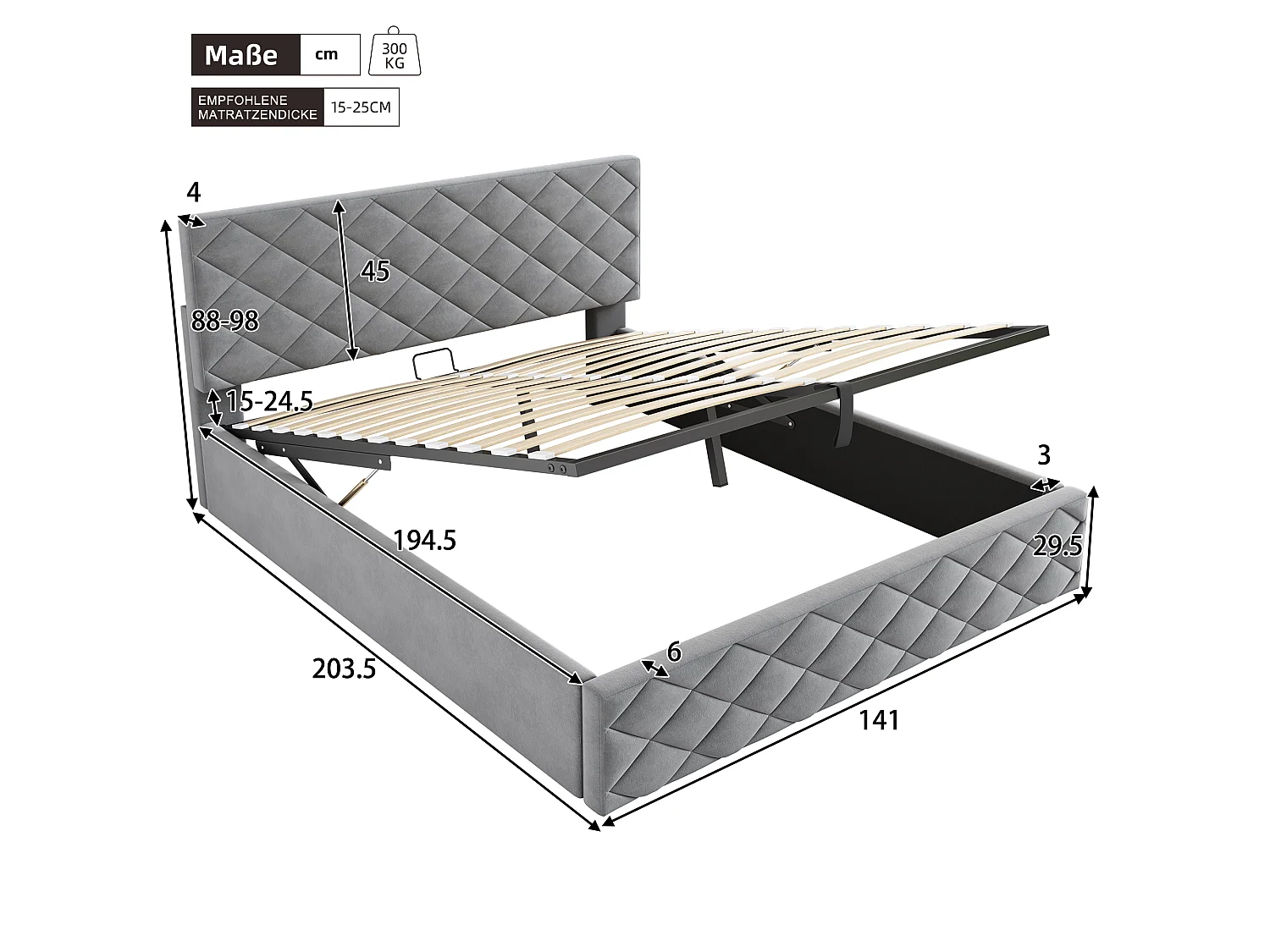 Lit coffre avec tête de lit réglable - 140 x 200 cm - velours - sommier à lattes - style scandinave - gris