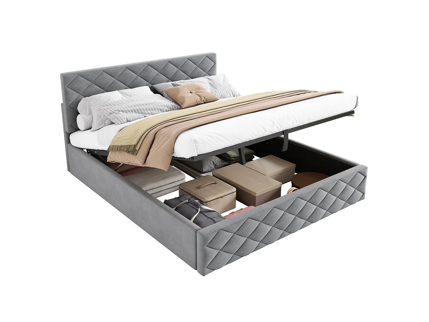 Lit coffre avec tête de lit réglable - 140 x 200 cm - velours - sommier à lattes - style scandinave - gris