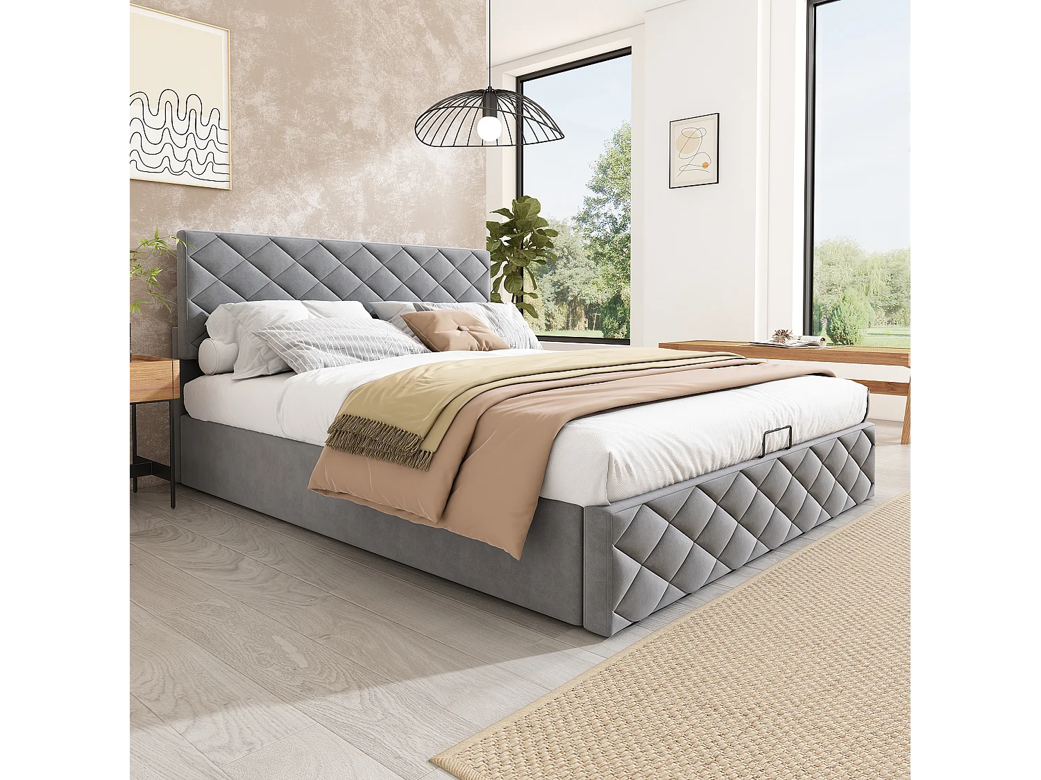 Letto contenitore con testiera regolabile - 140 x 200 cm - velluto - rete a doghe - stile scandinavo - grigio