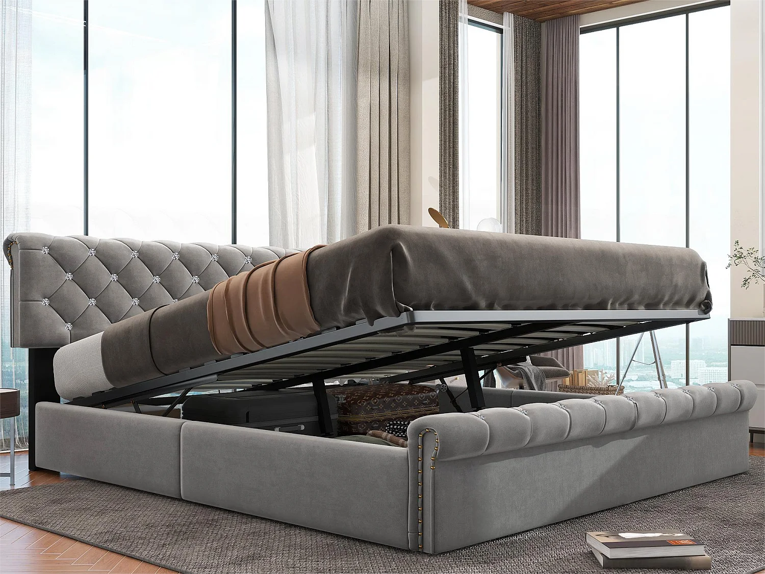 Dubbel opbergbed 180x200cm in grijs fluweel, voor volwassenen of kinderen, Verstelbaar hoofdeinde, Decor met klinknagels en kristallen knoop, Grijs