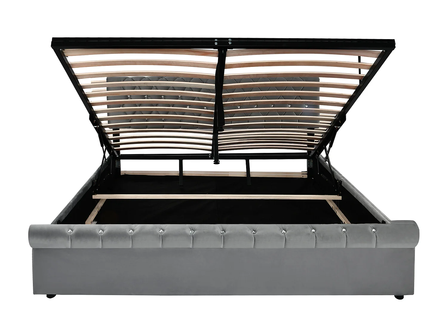 Dubbel opbergbed 180x200cm in grijs fluweel, voor volwassenen of kinderen, Verstelbaar hoofdeinde, Decor met klinknagels en kristallen knoop, Grijs