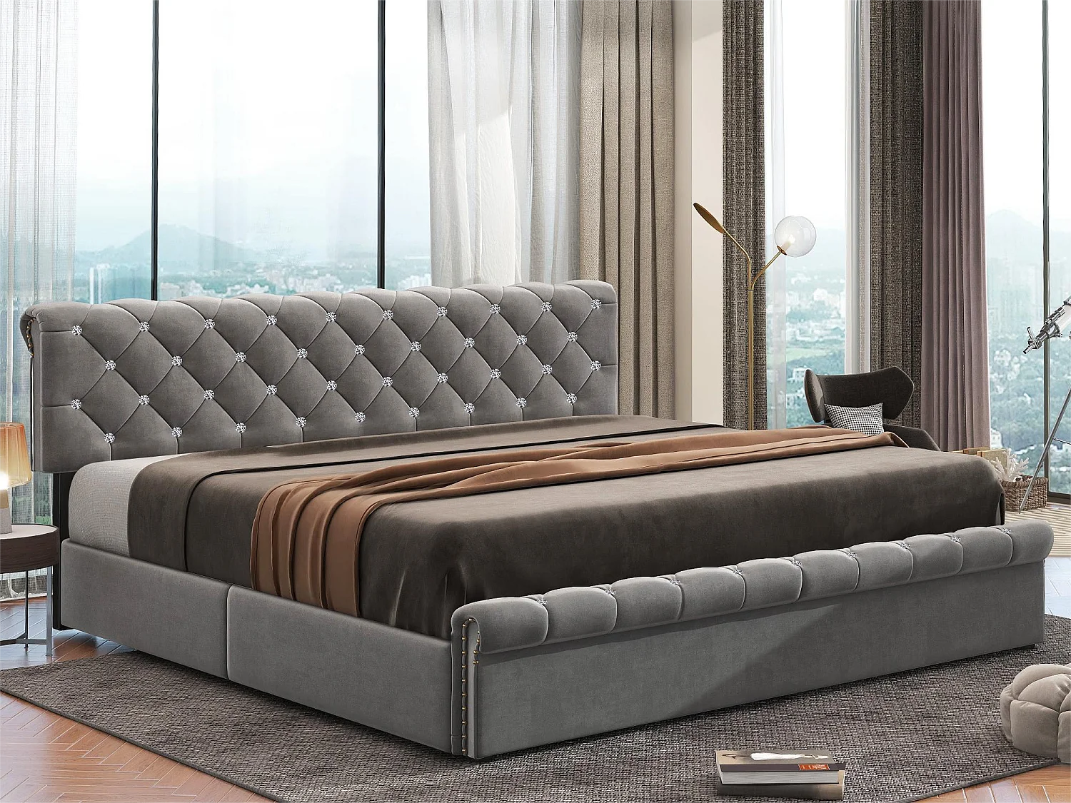 Lit coffre double 180x200cm en velours gris, pour adulte ou enfants, Tête de lit réglable, Décor avec rivets et bouton cristal, Gris