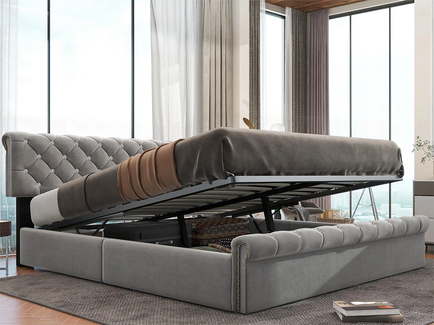 Lit coffre double 180x200cm en velours gris, pour adulte ou enfants, Tête de lit réglable, Décor avec rivets et bouton cristal, Gris