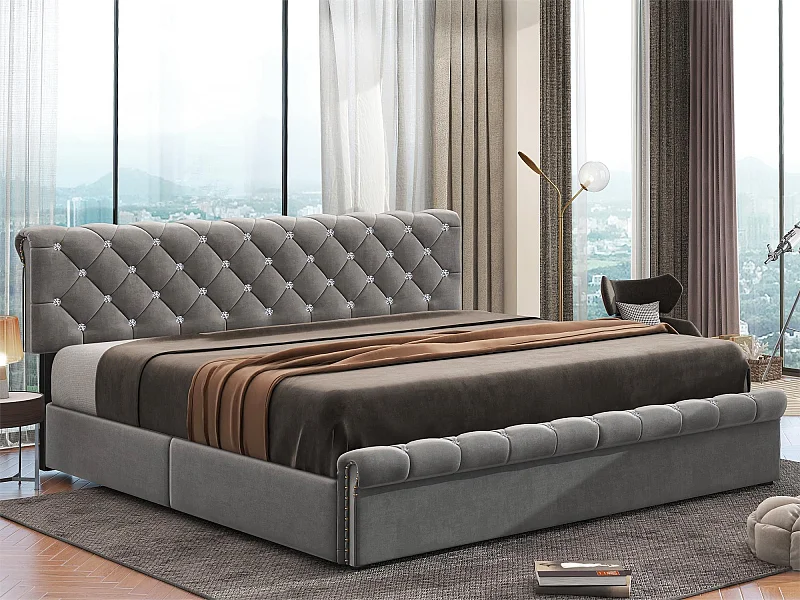 Lit coffre double 180x200cm en velours gris, pour adulte ou enfants, Tête de lit réglable, Décor avec rivets et bouton cristal, Gris