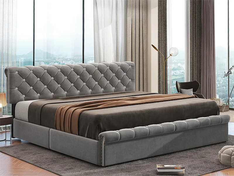 Letto contenitore matrimoniale 180x200 cm in velluto grigio, per adulto o bambino, Testiera regolabile, Decoro con rivetti e bottone in cristallo, Grigio