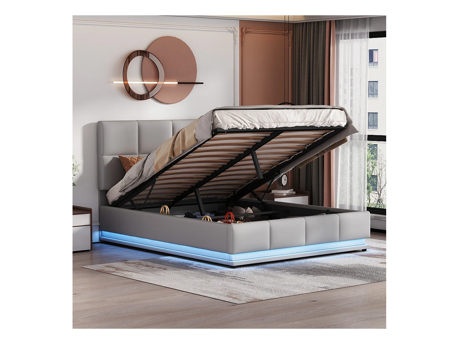 Opbergbed met verstelbaar hoofdbord - 140 x 200 cm - LED's - PU stof - lattenbodem - grijs