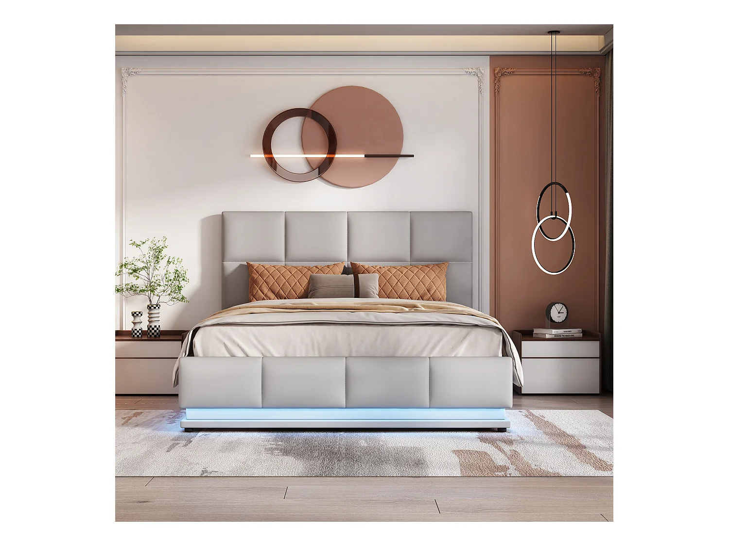 Lit coffre tête de lit réglable - 140 x 200 cm - leds - tissu en PU - sommier à lattes - gris