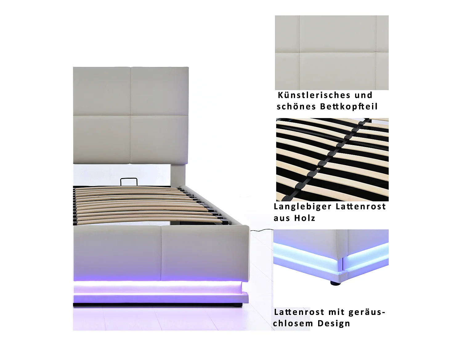 Lit coffre tête de lit réglable - 140 x 200 cm - leds - tissu en PU - sommier à lattes - gris