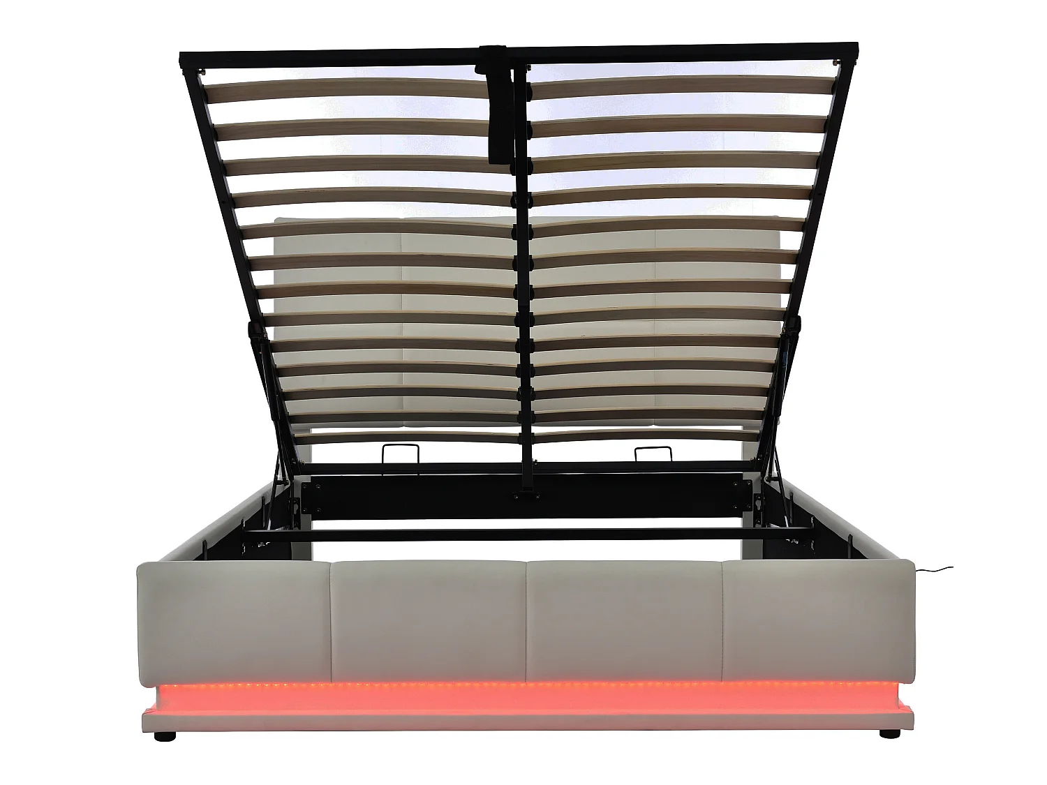 Lit coffre tête de lit réglable - 140 x 200 cm - leds - tissu en PU - sommier à lattes - gris
