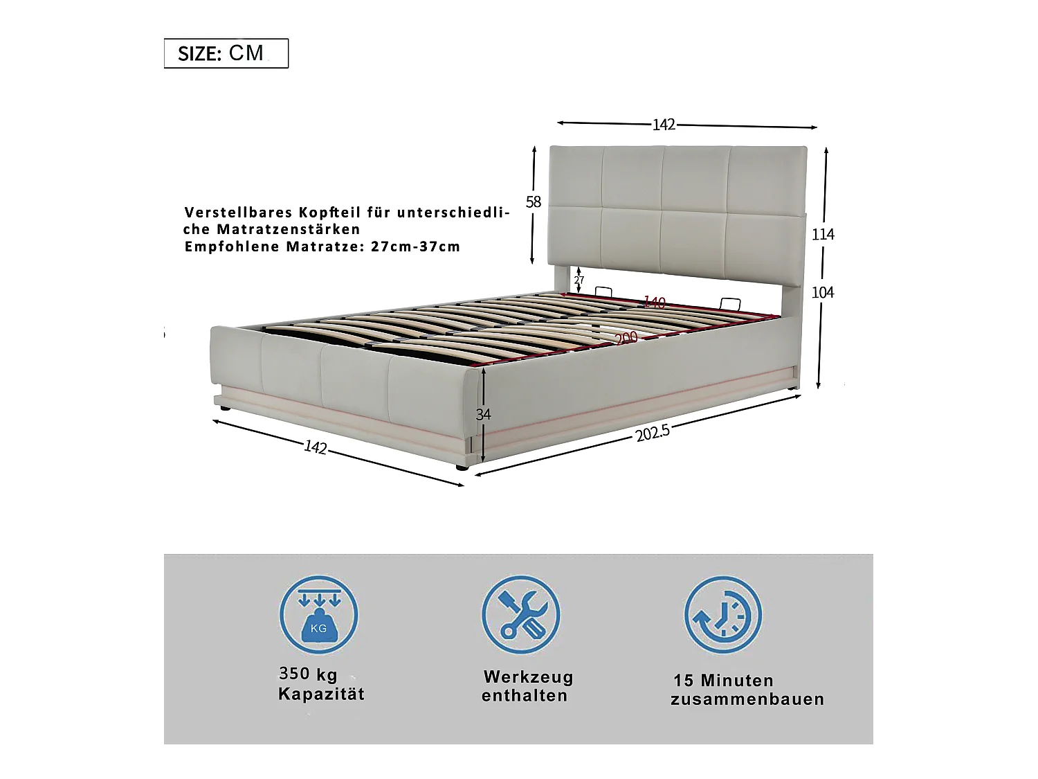 Lit coffre tête de lit réglable - 140 x 200 cm - leds - tissu en PU - sommier à lattes - gris