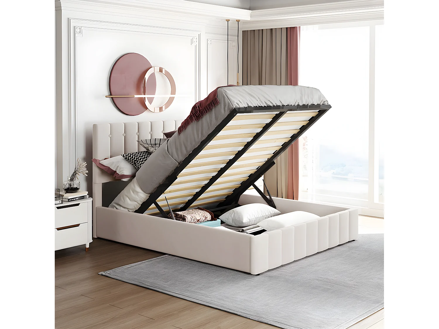 Bettkasten mit verstellbarem Kopfteil und Stauraum – 140 x 200 cm – Samt – Lattenrost – Weiß