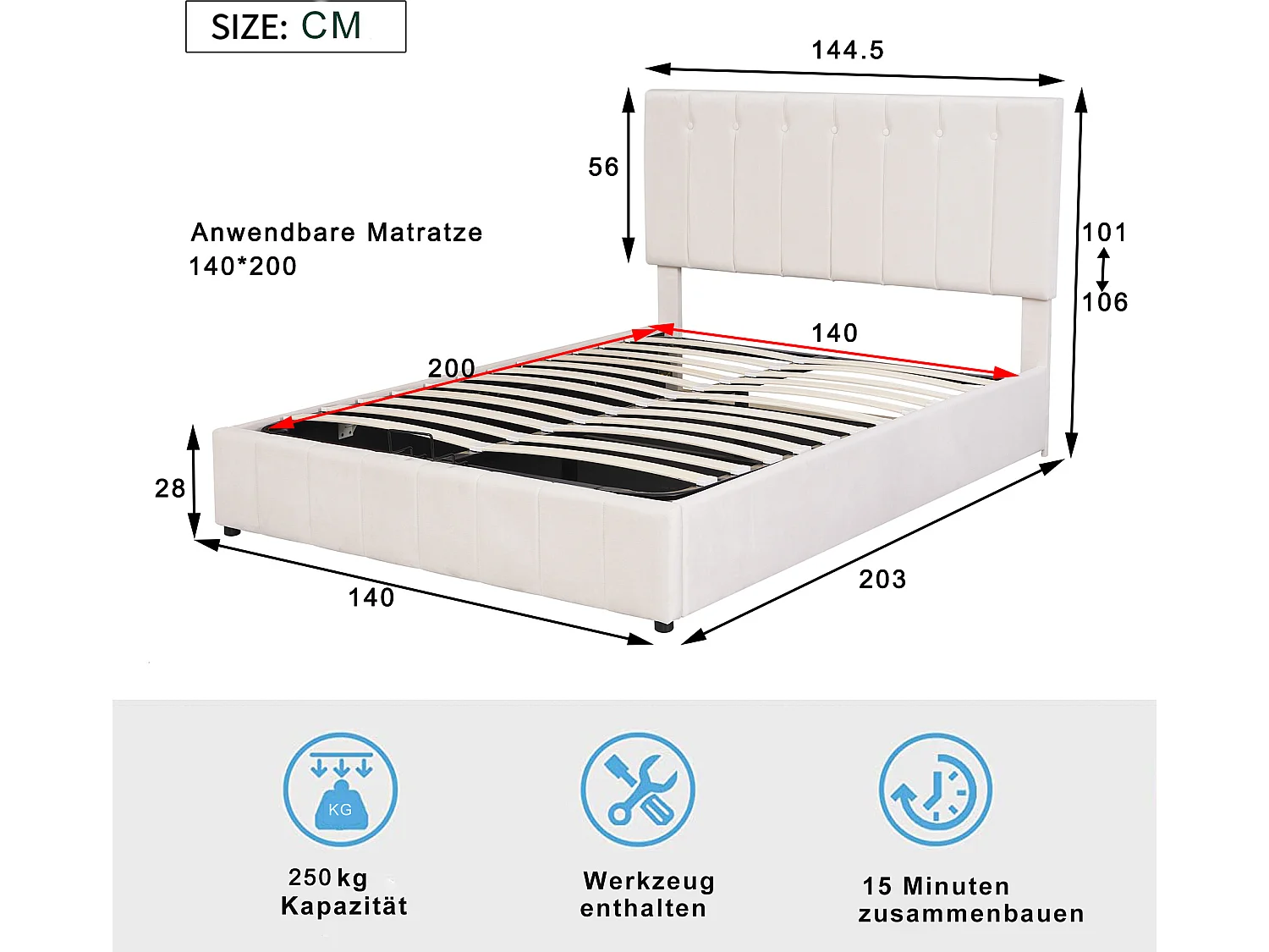 Bettkasten mit verstellbarem Kopfteil und Stauraum – 140 x 200 cm – Samt – Lattenrost – Weiß