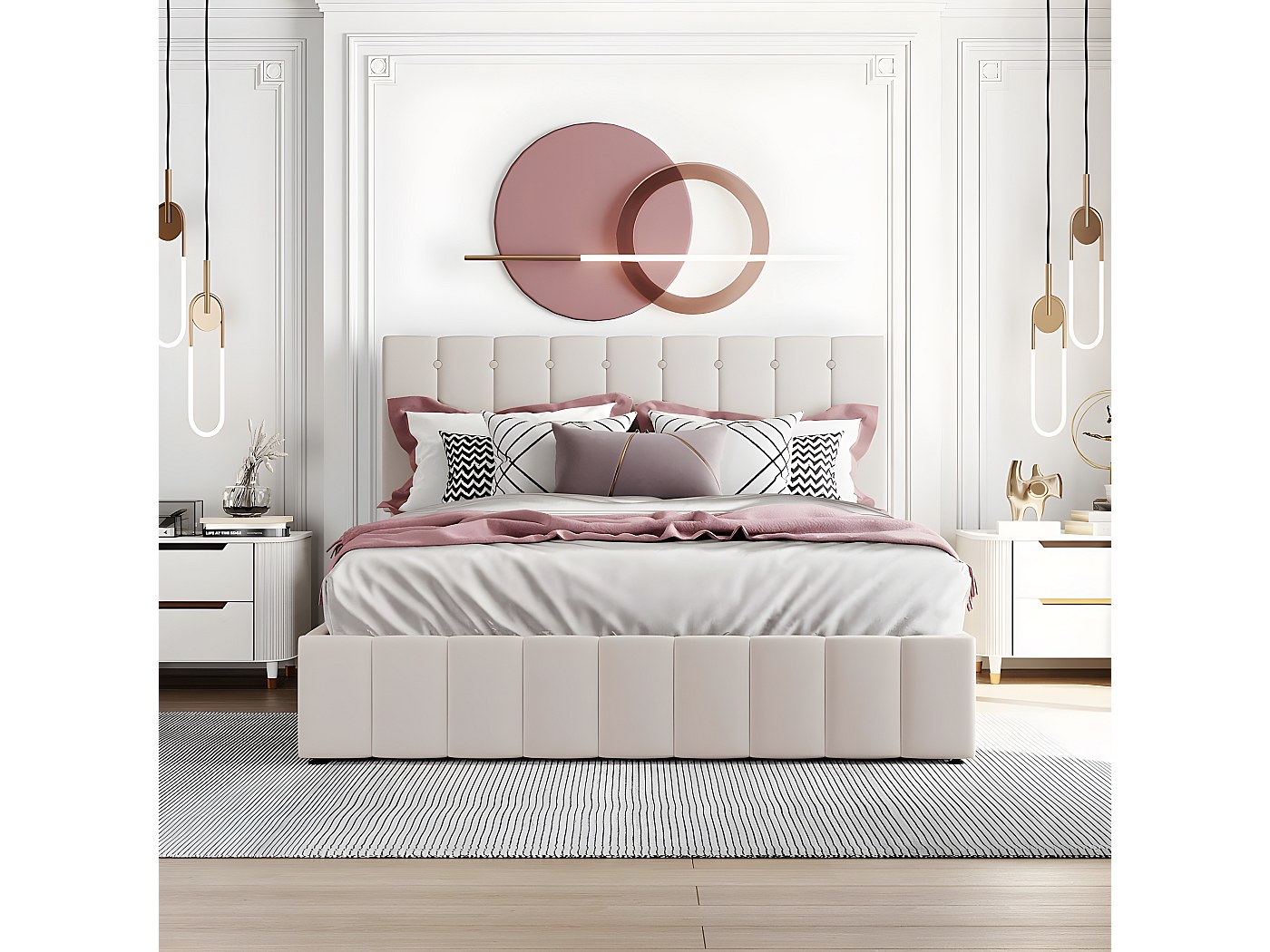 Dalred Letto imbottito, con 2 sgabelli, illuminazione da comodino a LED, orecchie da coniglio, senza materasso, rete a doghe, testiera regolabile in altezza, velluto (rosa, 90 x 200 cm
