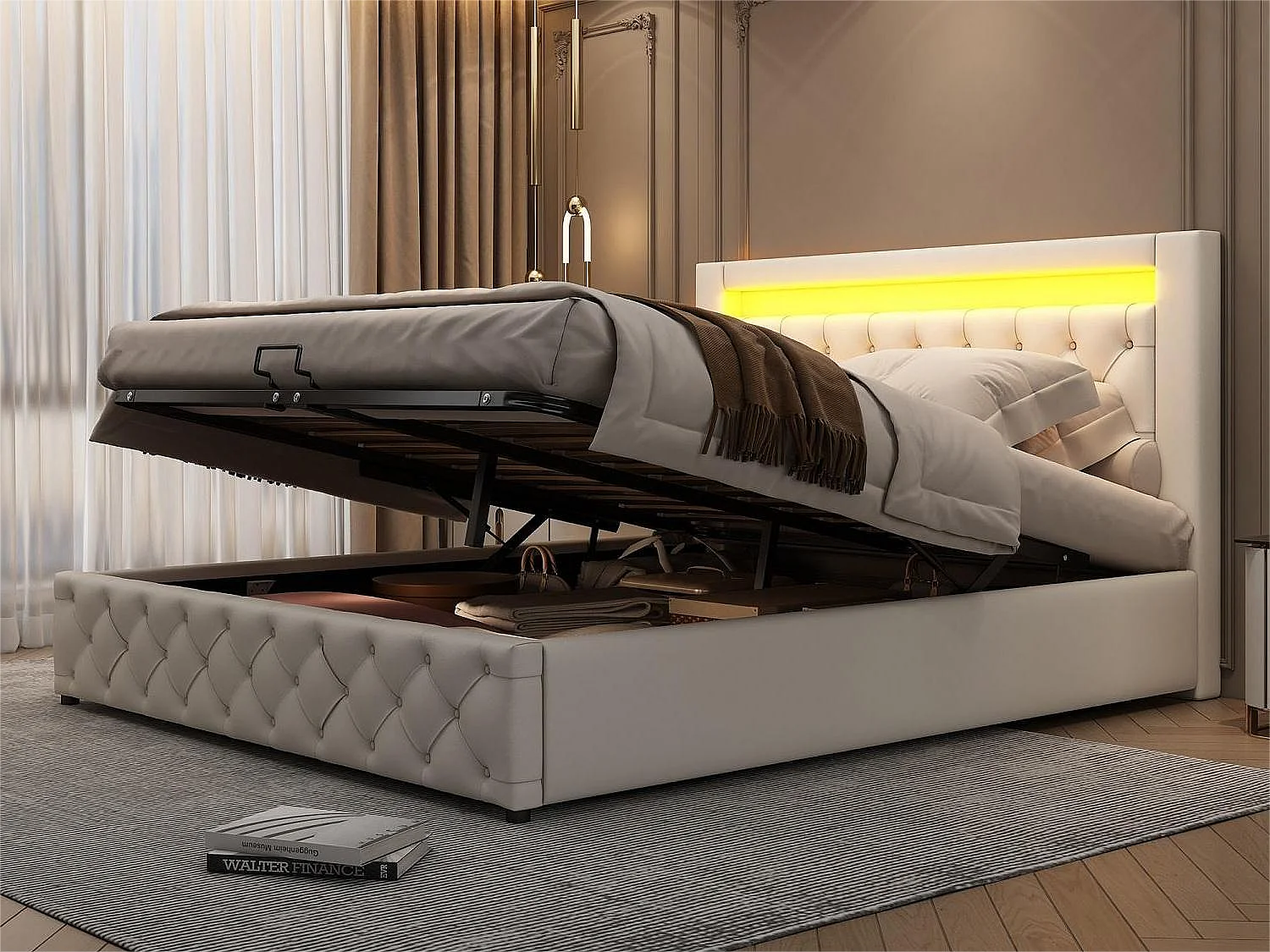 Opbergbed met hoofdeinde - 140 x 200 cm - kunstleer - LED - lattenbodem - moderne stijl - wit