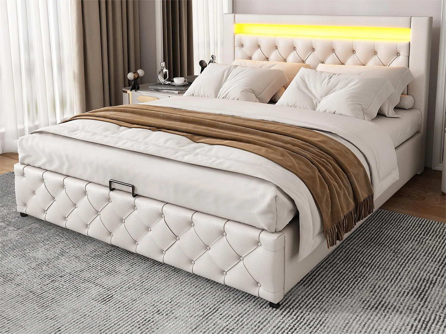 Opbergbed met hoofdeinde - 140 x 200 cm - kunstleer - LED - lattenbodem - moderne stijl - wit